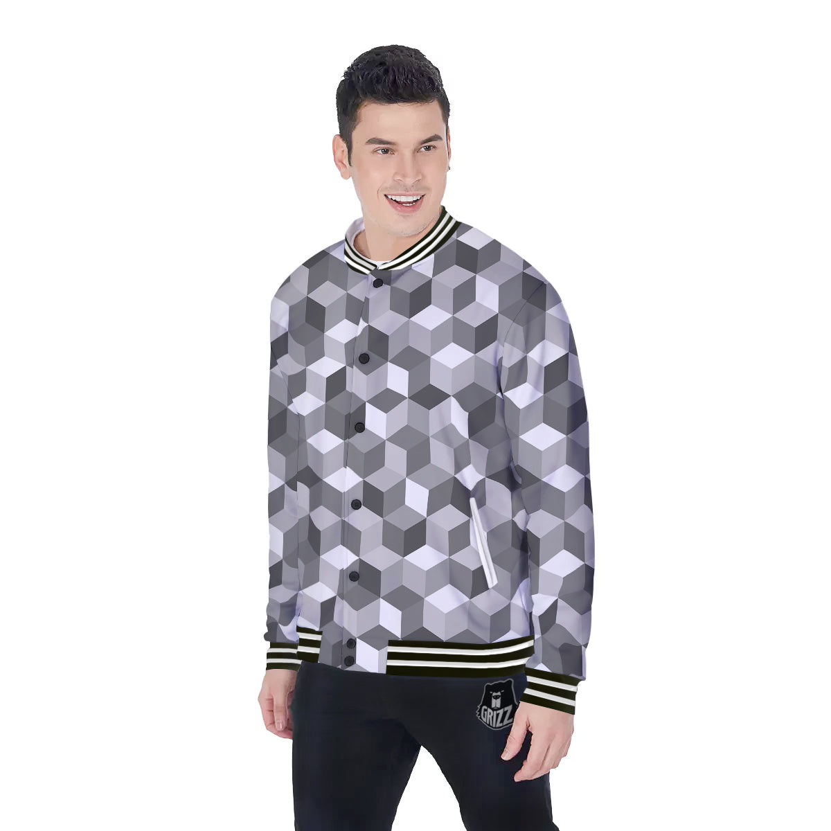 Cube Geometric Shape White Print Pattern Baseball Jacket-grizzshop