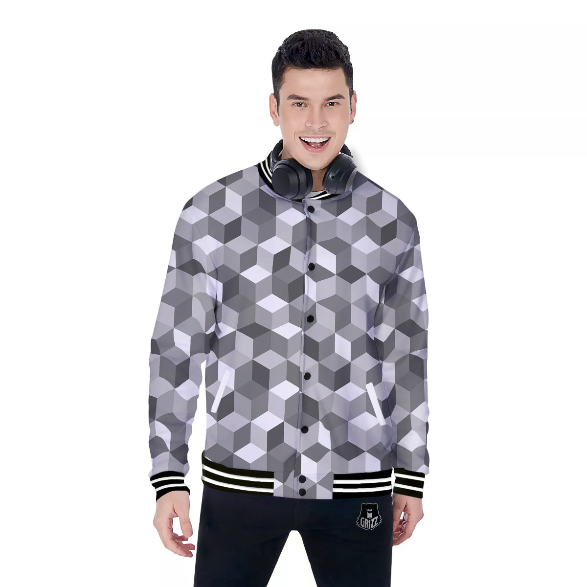 Cube Geometric Shape White Print Pattern Baseball Jacket-grizzshop