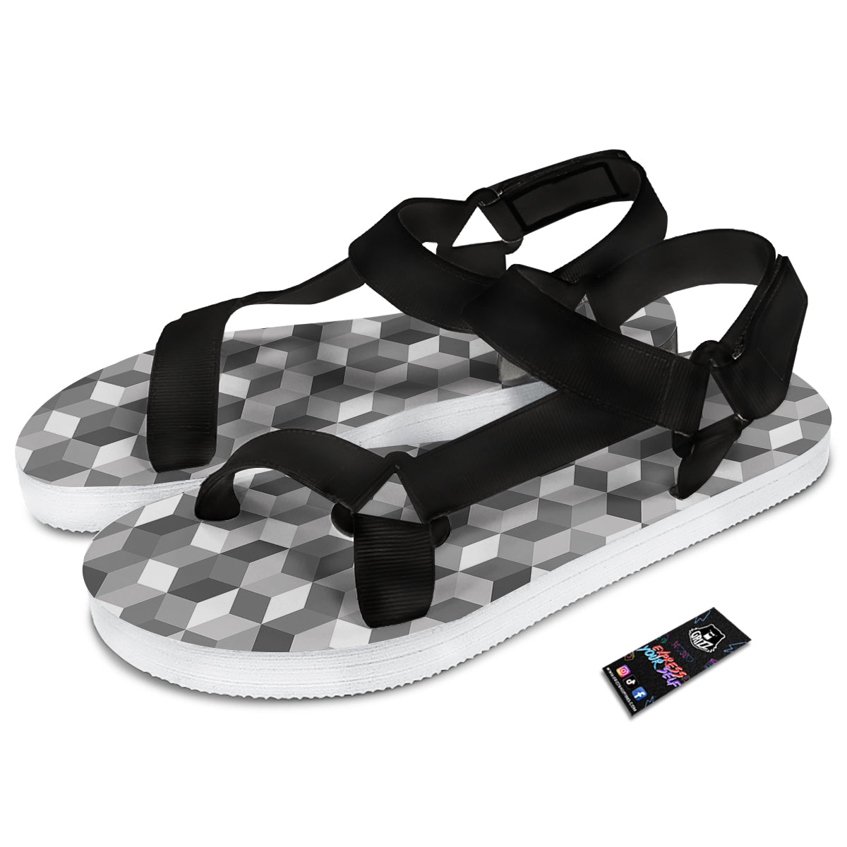 Cube Geometric Shape White Print Pattern Black Open Toe Sandals-grizzshop