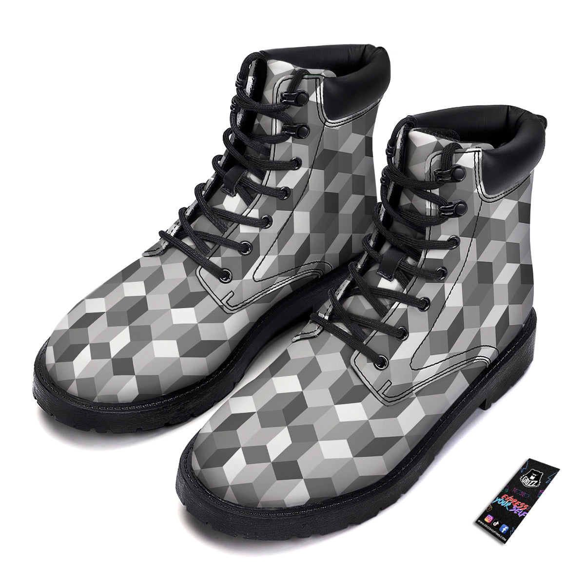 Cube Geometric Shape White Print Pattern Boots-grizzshop