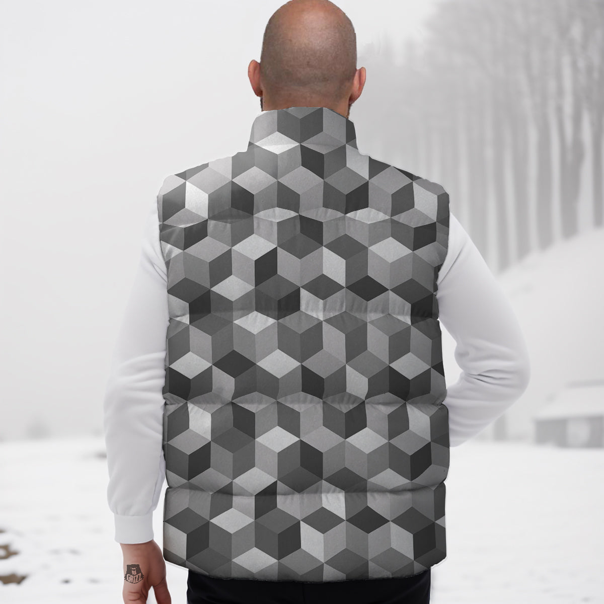 Cube Geometric Shape White Print Pattern Down Vest-grizzshop