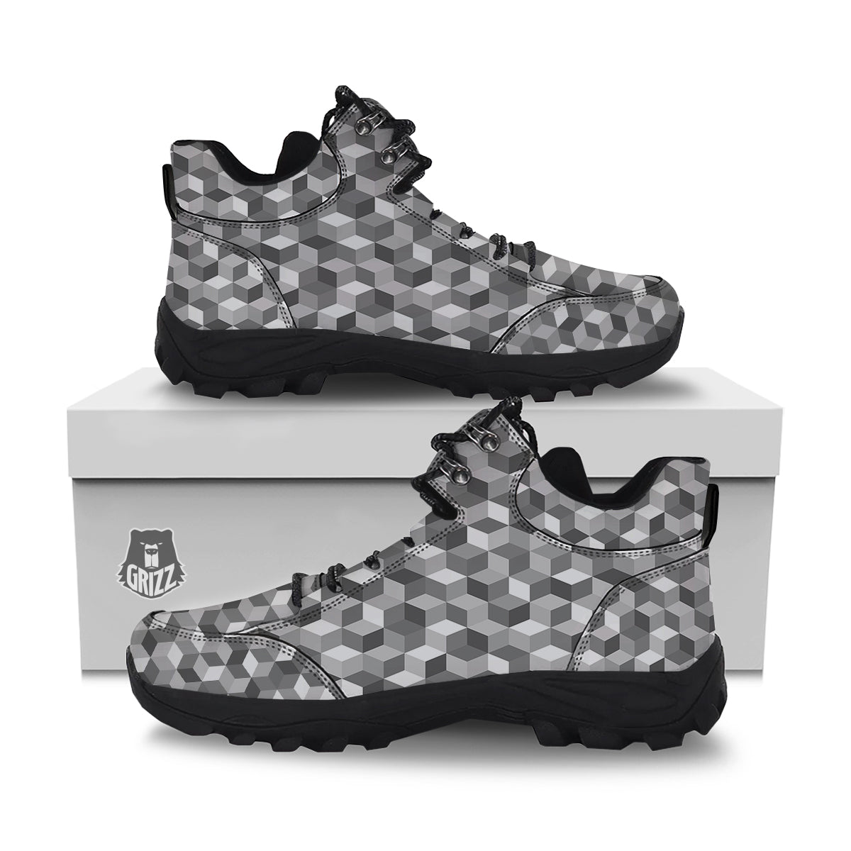 Cube Geometric Shape White Print Pattern Hiking Shoes-grizzshop