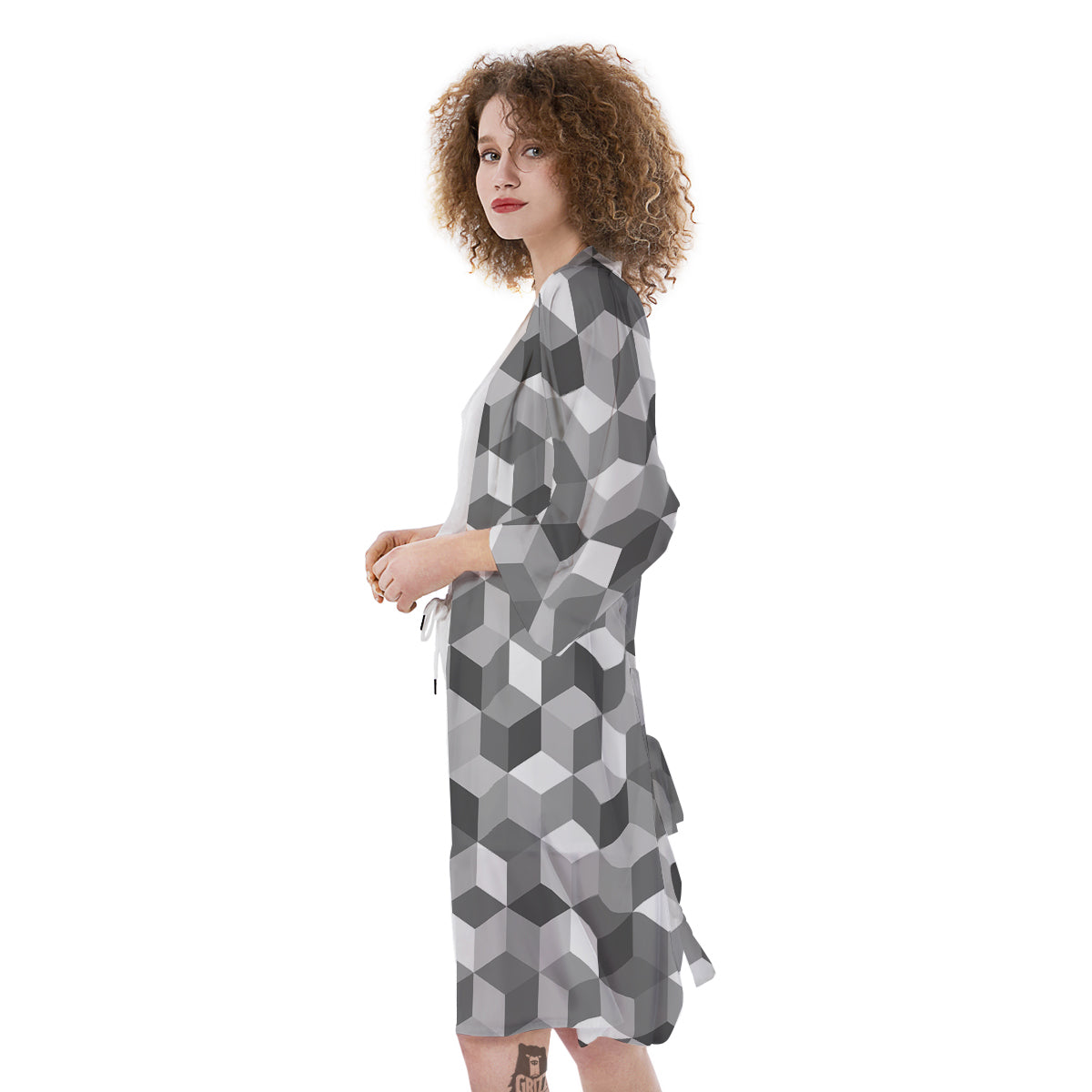 Cube Geometric Shape White Print Pattern Kimono-grizzshop