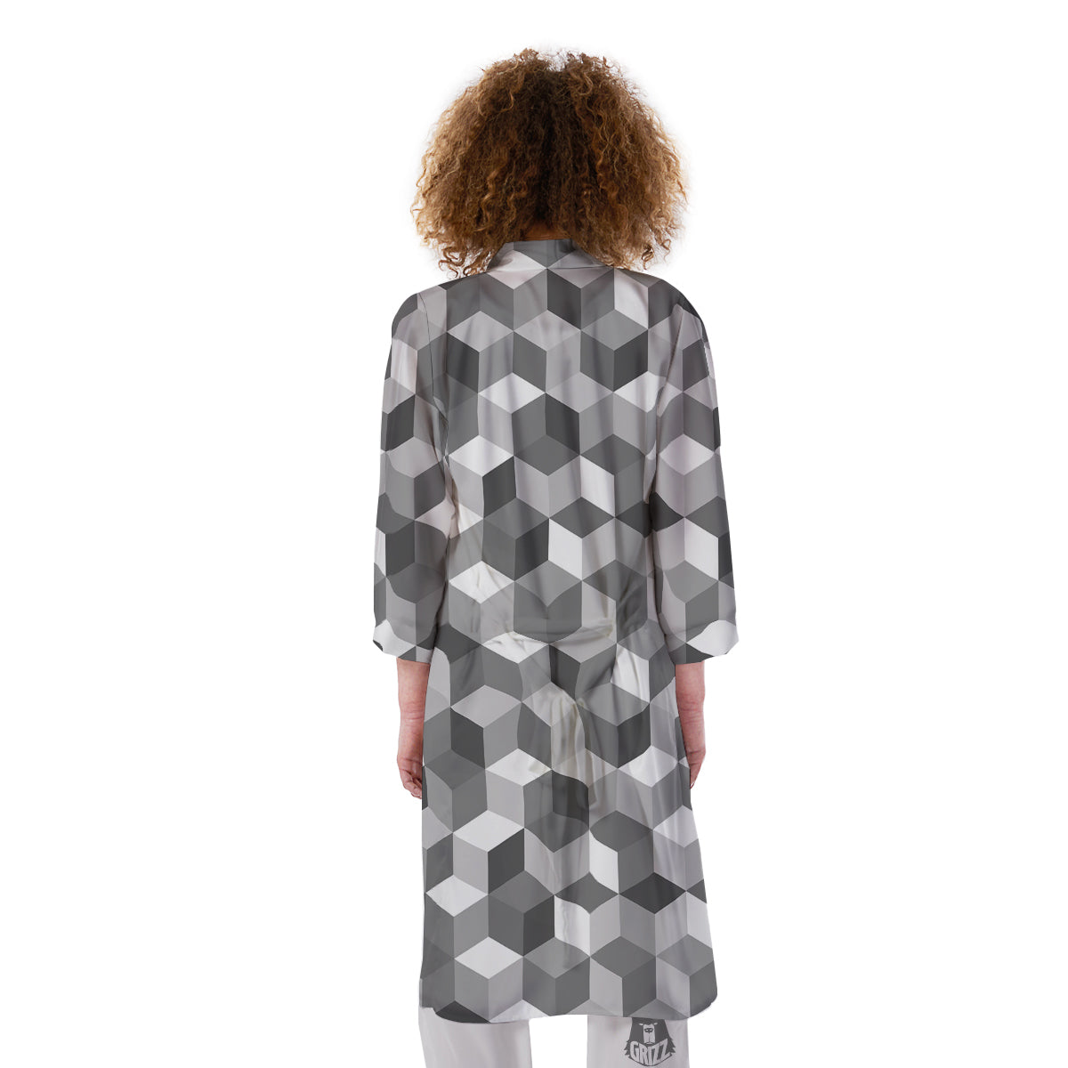 Cube Geometric Shape White Print Pattern Kimono-grizzshop