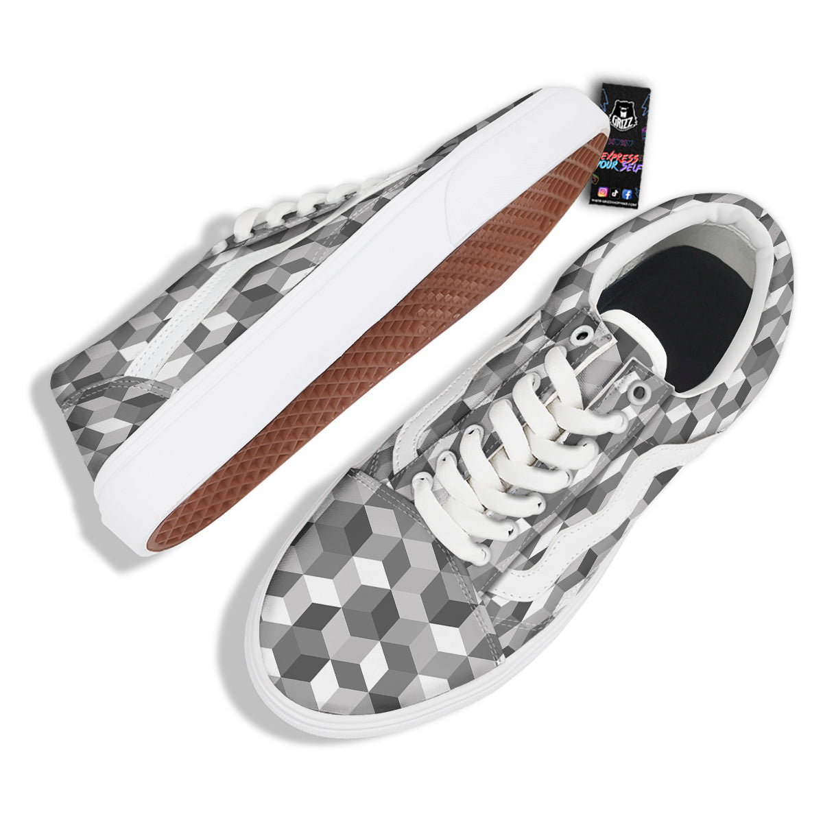 Cube Geometric Shape White Print Pattern Skate Shoes-grizzshop