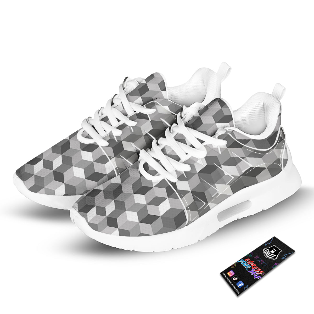 Cube Geometric Shape White Print Pattern Tennis Shoes-grizzshop