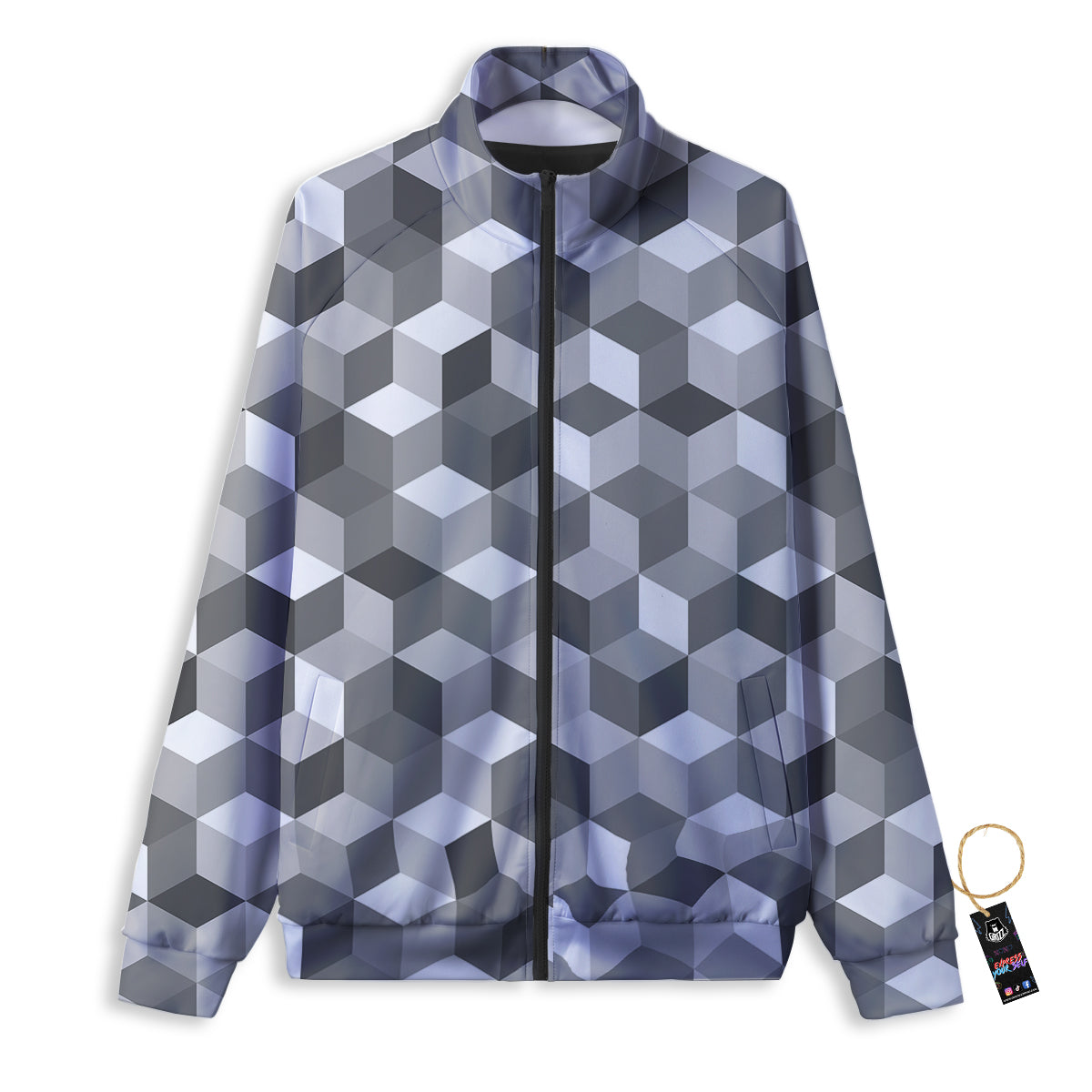 Cube Geometric Shape White Print Pattern Track Jacket-grizzshop