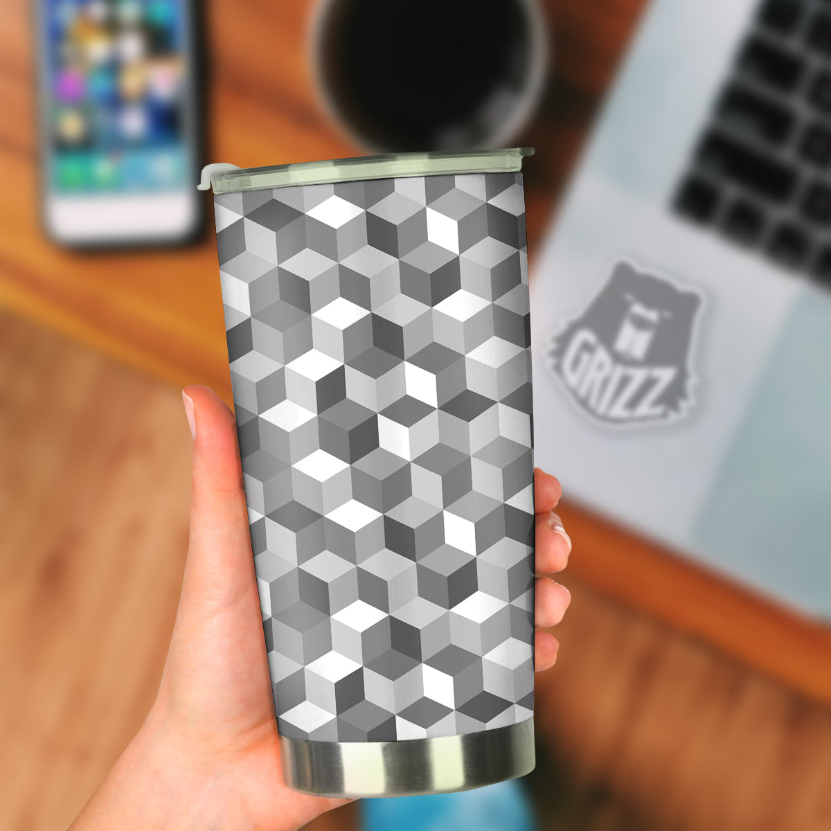 Cube Geometric Shape White Print Pattern Tumbler-grizzshop