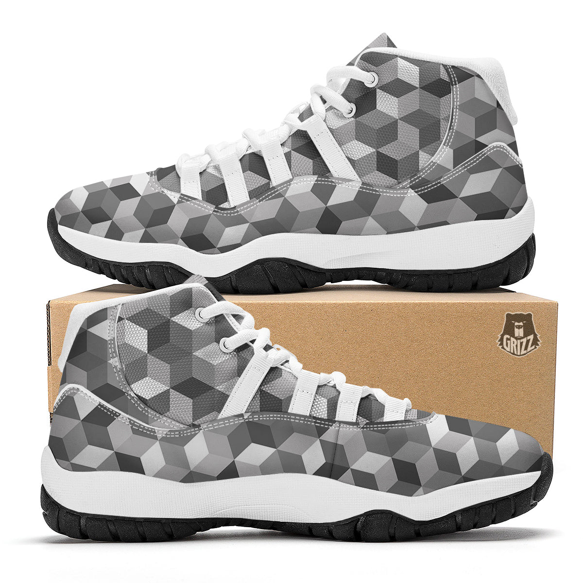 Cube Geometric Shape White Print Pattern White Bball Shoes-grizzshop