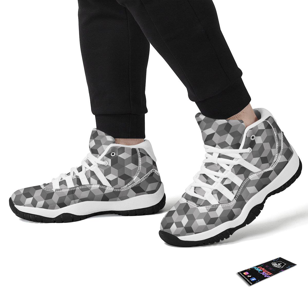 Cube Geometric Shape White Print Pattern White Bball Shoes-grizzshop
