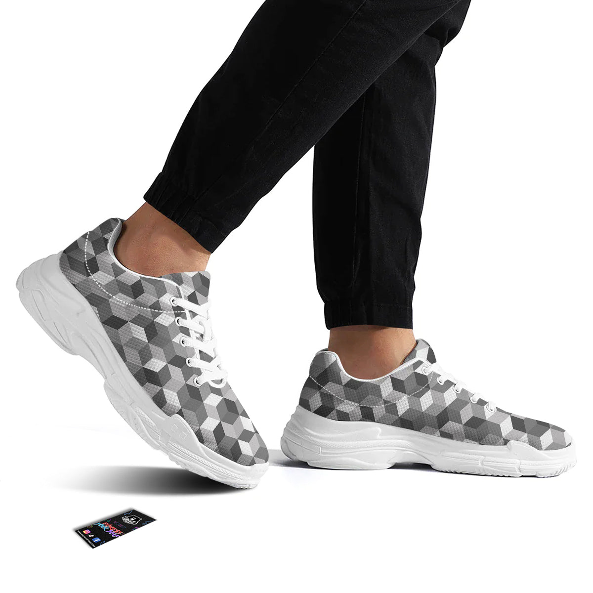 Cube Geometric Shape White Print Pattern White Chunky Shoes-grizzshop