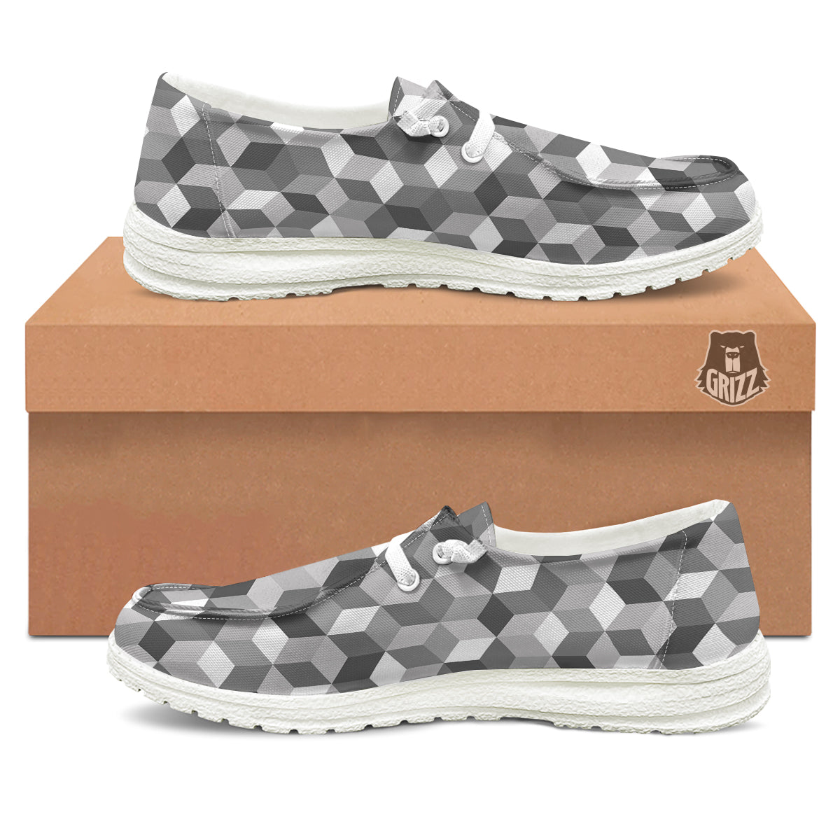 Cube Geometric Shape White Print Pattern White Loafers-grizzshop