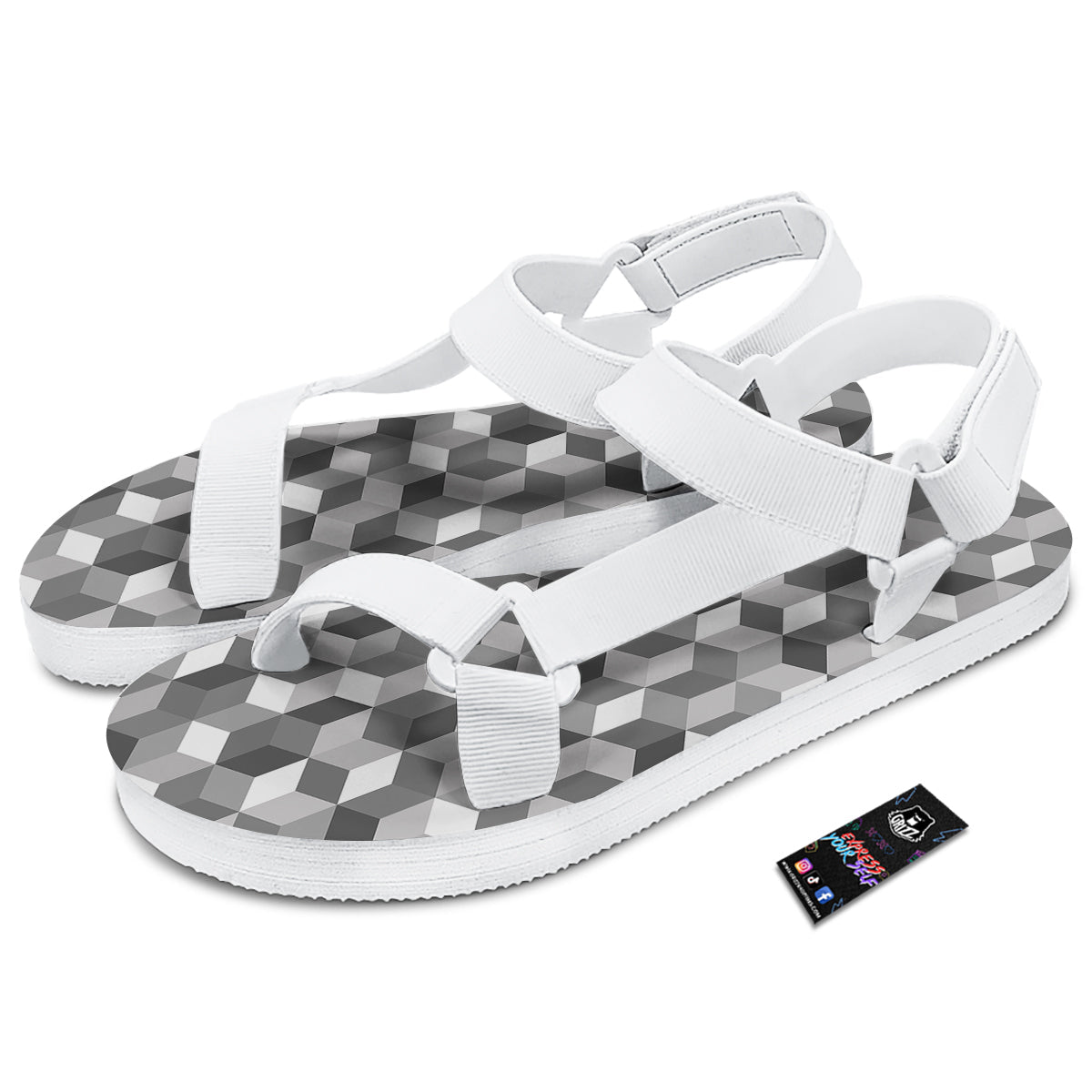 Cube Geometric Shape White Print Pattern White Open Toe Sandals-grizzshop