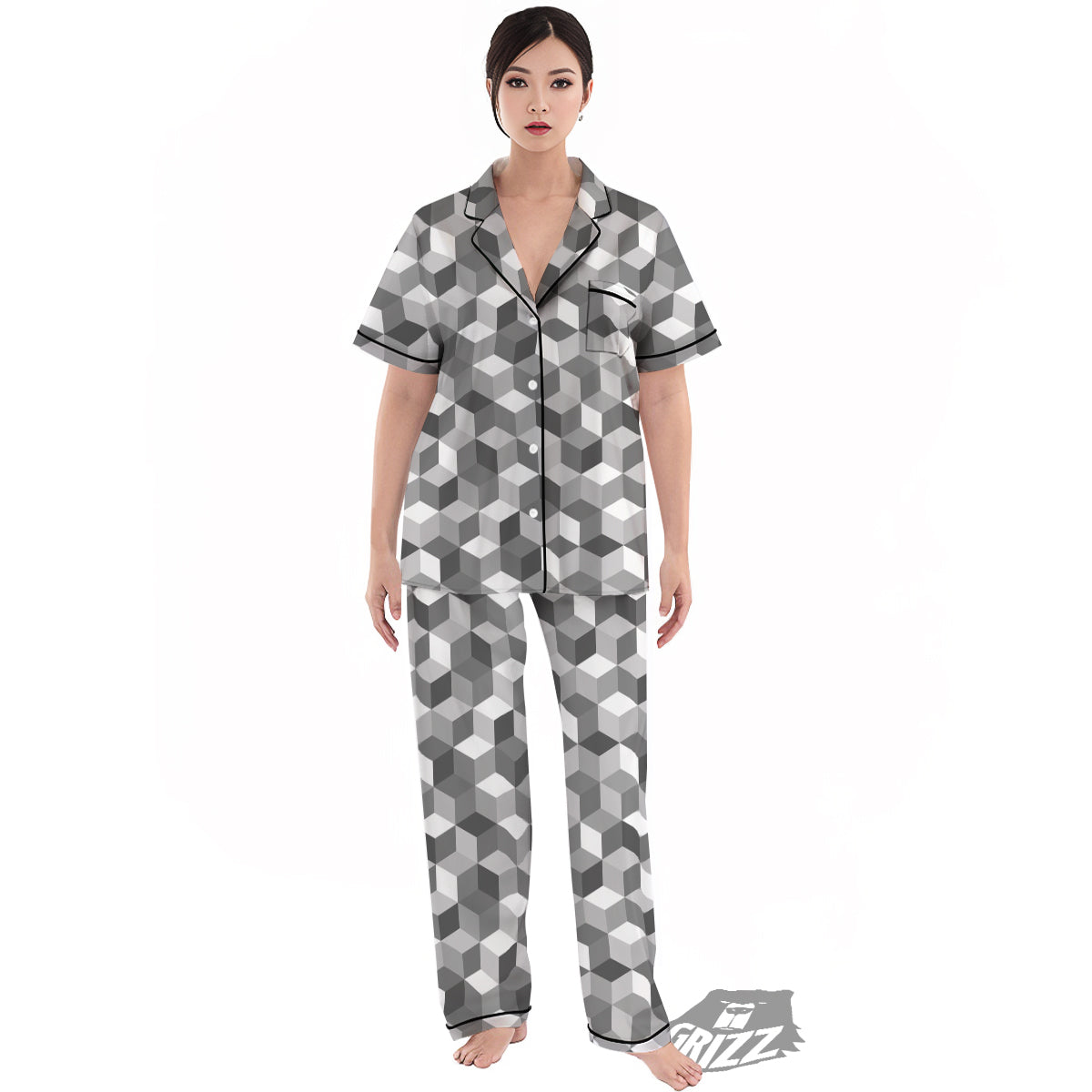 Cube Geometric Shape White Print Pattern Women's Pajamas Set-grizzshop