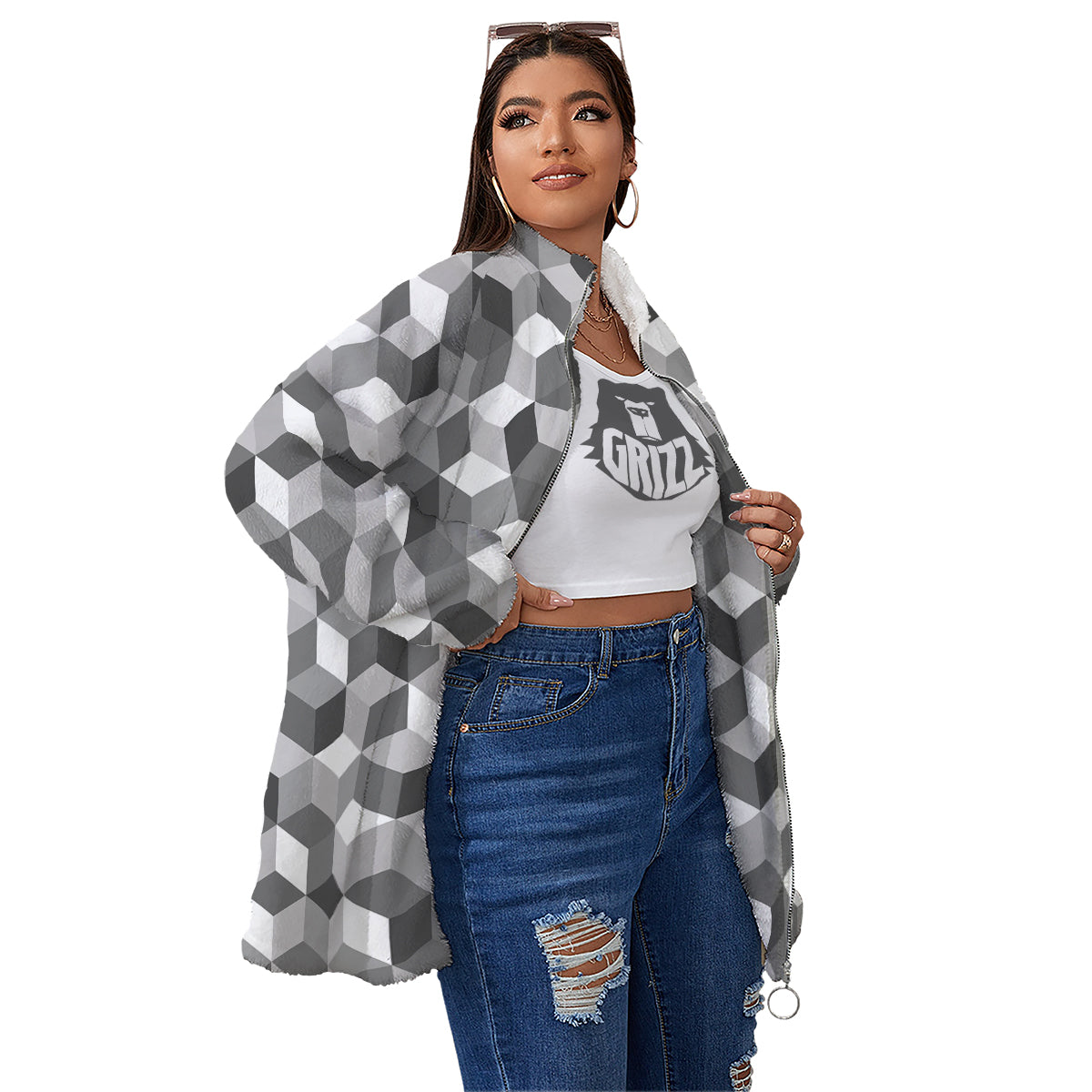 Cube Geometric Shape White Print Pattern Women's Sherpa Jacket-grizzshop