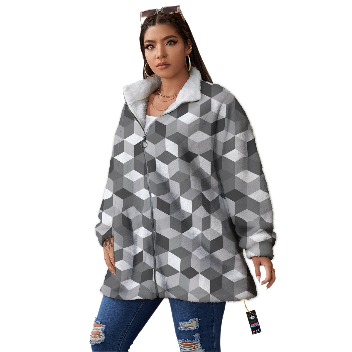 Cube Geometric Shape White Print Pattern Women's Sherpa Jacket-grizzshop