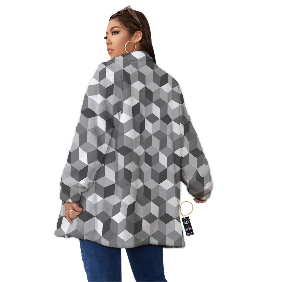 Cube Geometric Shape White Print Pattern Women's Sherpa Jacket-grizzshop