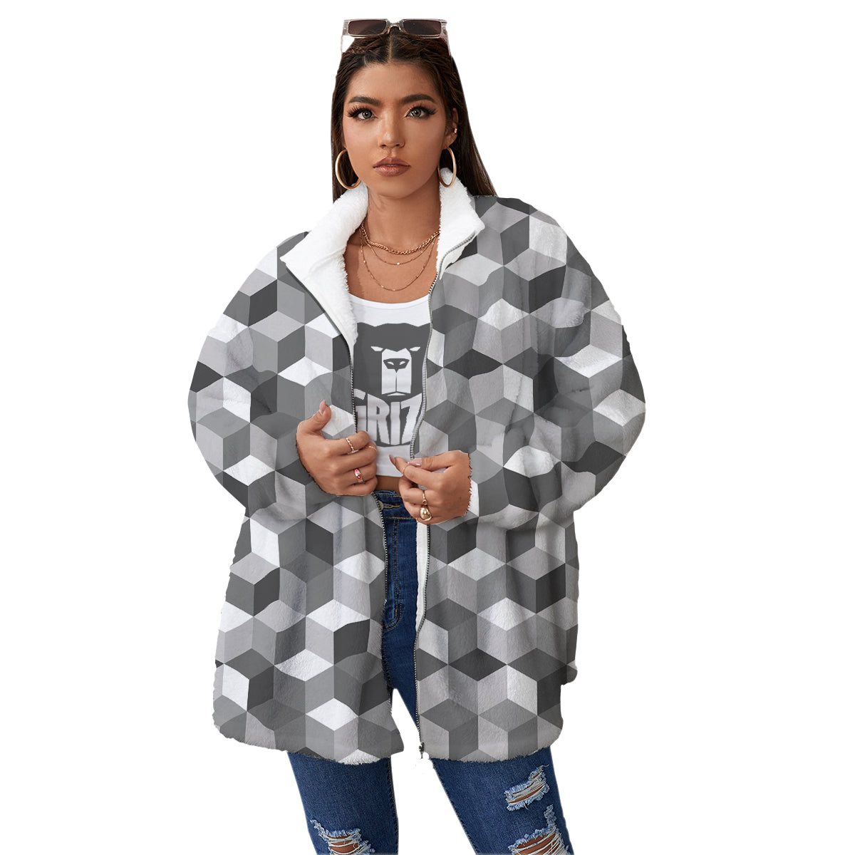 Cube Geometric Shape White Print Pattern Women's Sherpa Jacket-grizzshop