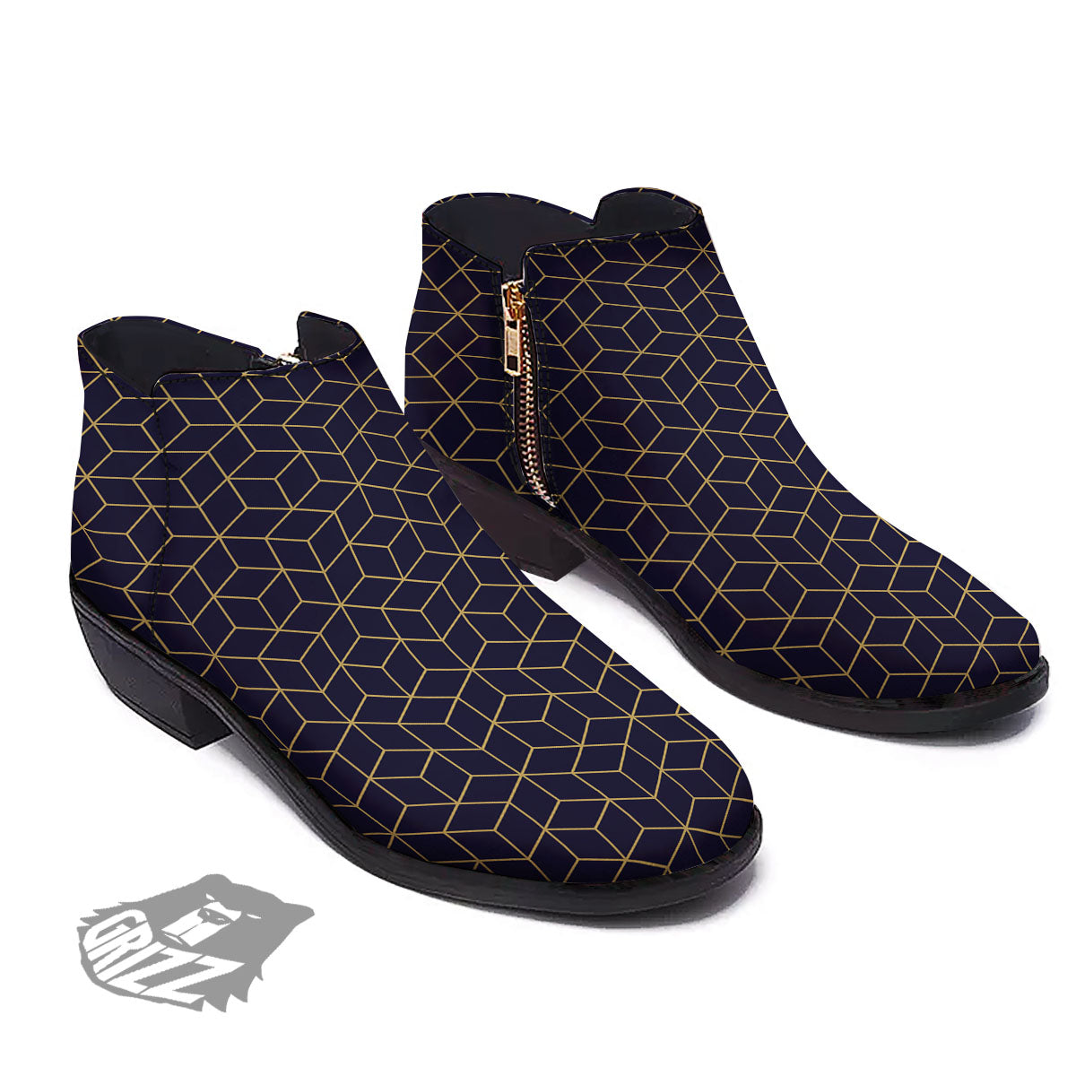 Cube Shape Black Geometric Print Pattern Ankle Boots-grizzshop