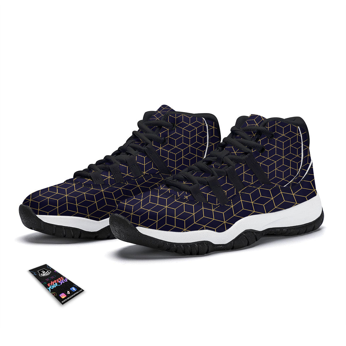 Cube Shape Black Geometric Print Pattern Black Bball Shoes-grizzshop