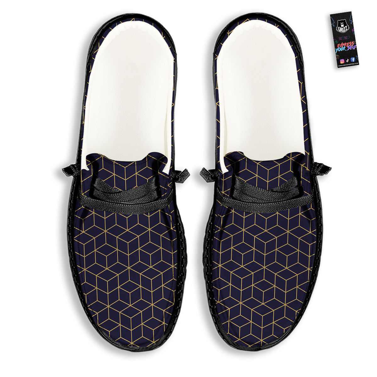 Cube Shape Black Geometric Print Pattern Black Loafers-grizzshop