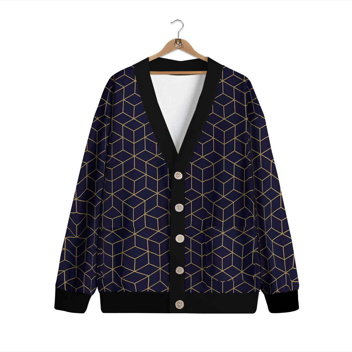 Cube Shape Black Geometric Print Pattern Cardigan-grizzshop