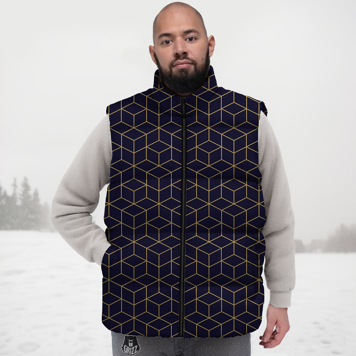 Cube Shape Black Geometric Print Pattern Down Vest-grizzshop