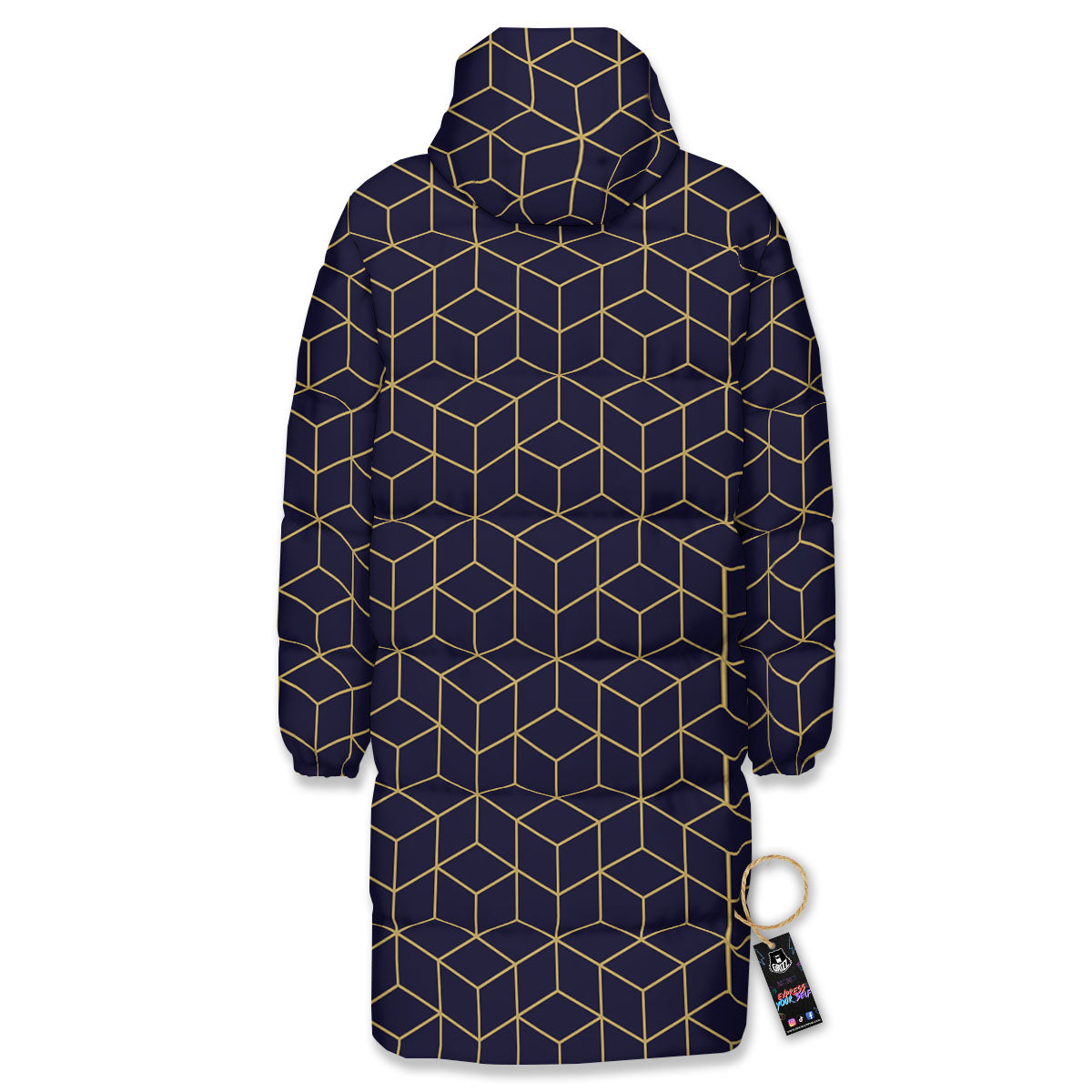 Cube Shape Black Geometric Print Pattern Long Down Jacket-grizzshop