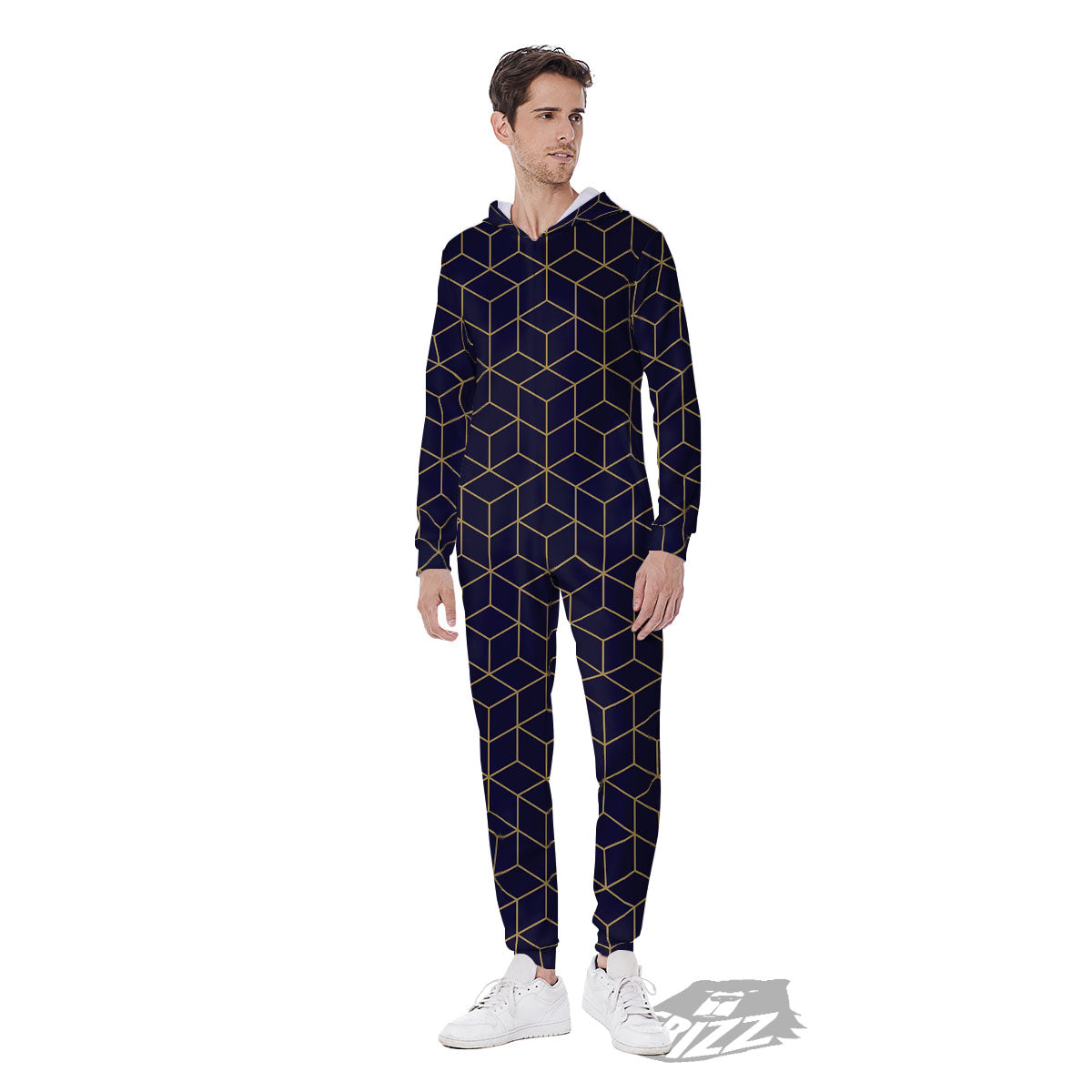 Cube Shape Black Geometric Print Pattern Men's Jumpsuit-grizzshop