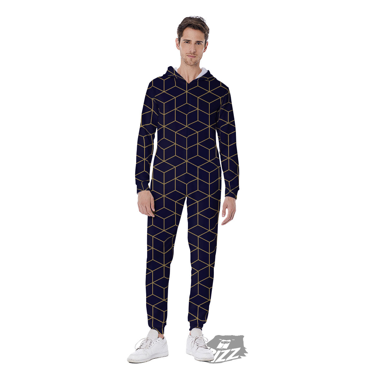 Cube Shape Black Geometric Print Pattern Men's Jumpsuit-grizzshop