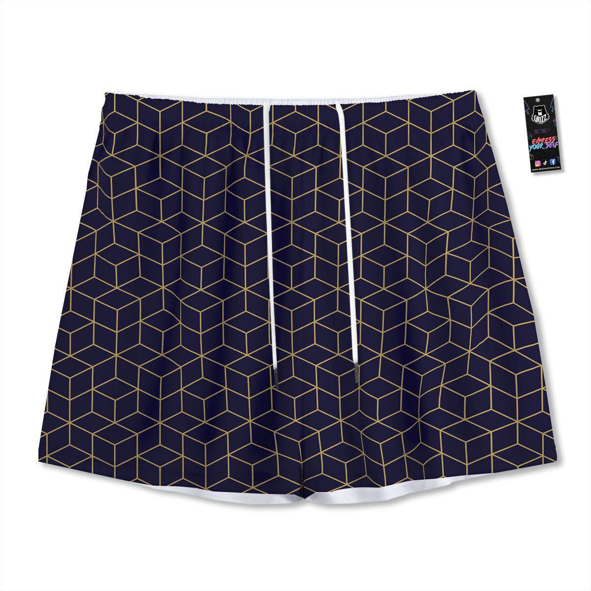 Cube Shape Black Geometric Print Pattern Mesh Shorts-grizzshop