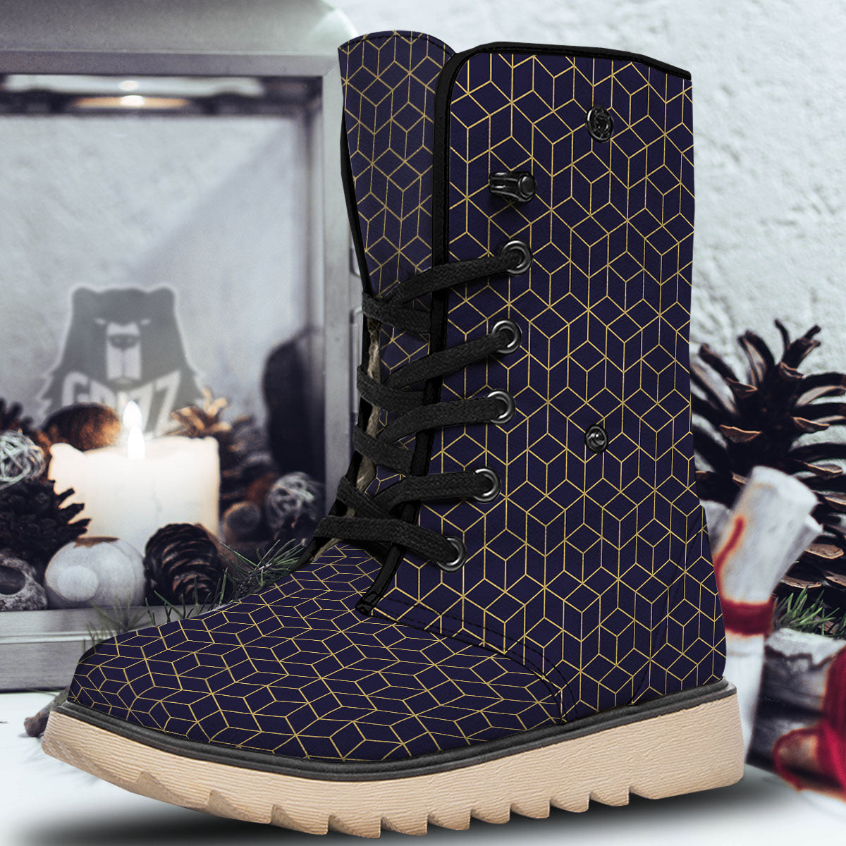 Cube Shape Black Geometric Print Pattern Snow Boots-grizzshop
