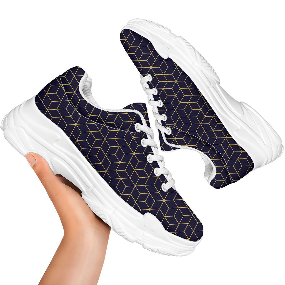 Cube Shape Black Geometric Print Pattern White Chunky Shoes-grizzshop