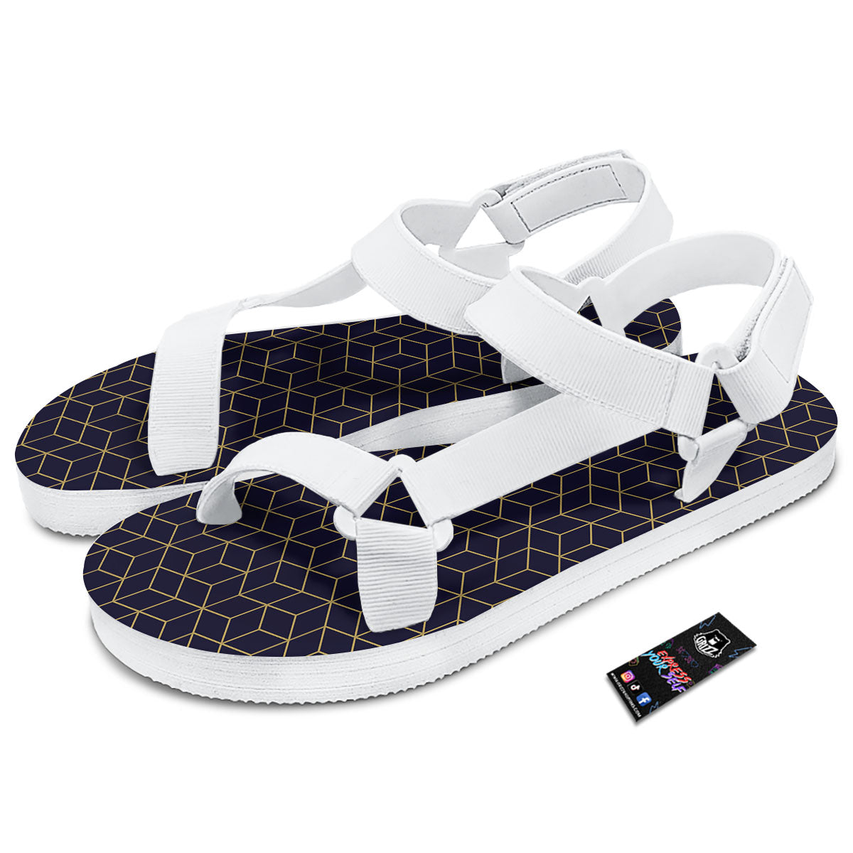 Cube Shape Black Geometric Print Pattern White Open Toe Sandals-grizzshop