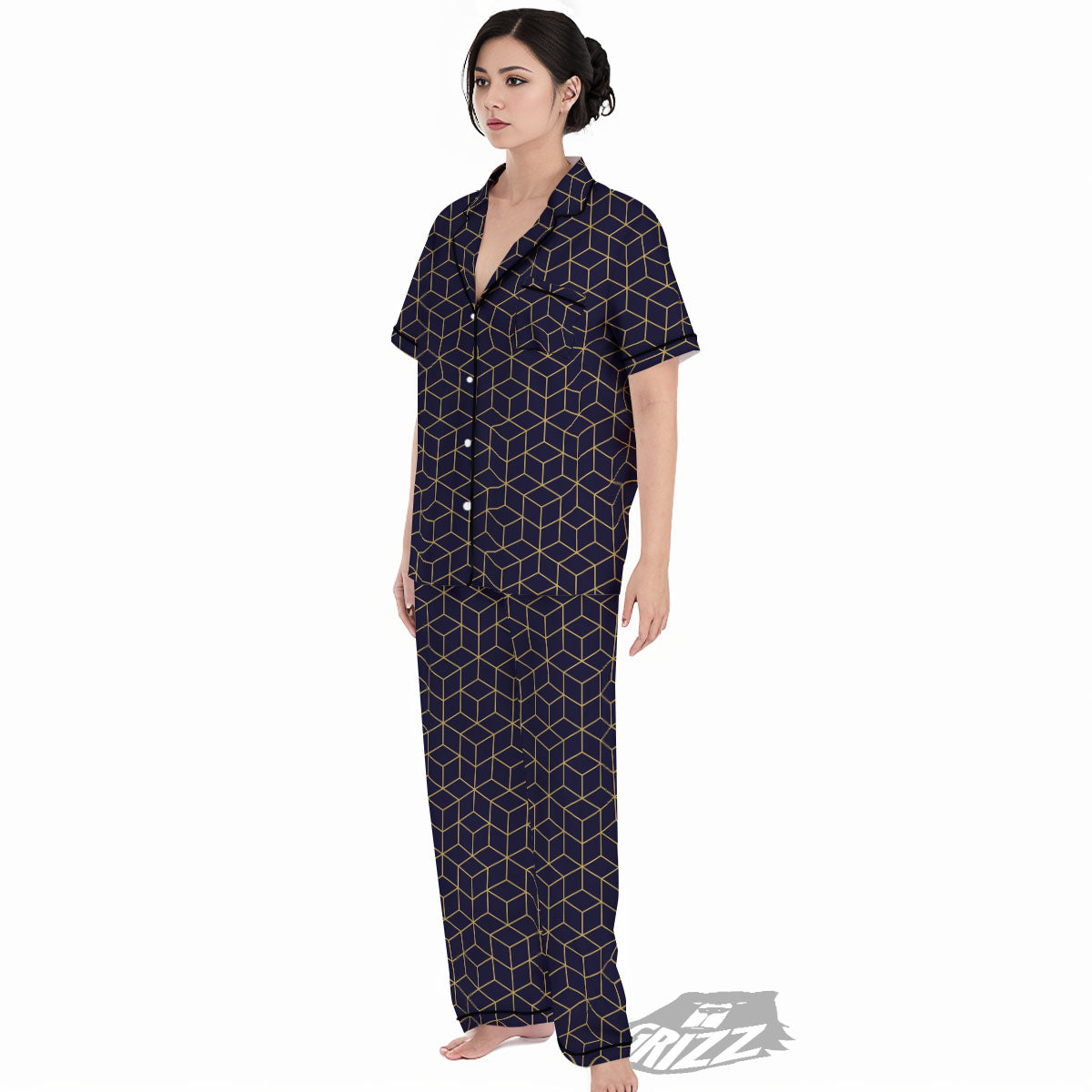 Cube Shape Black Geometric Print Pattern Women's Pajamas Set-grizzshop
