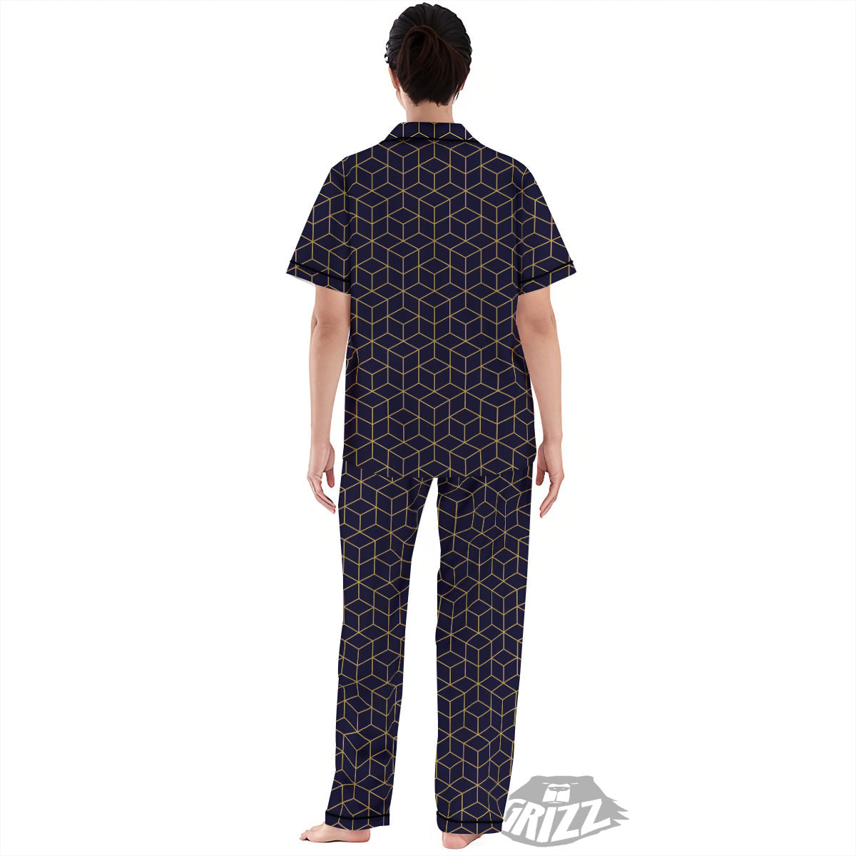 Cube Shape Black Geometric Print Pattern Women's Pajamas Set-grizzshop