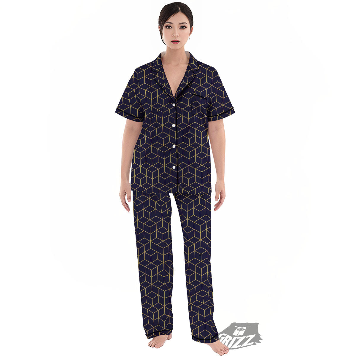 Cube Shape Black Geometric Print Pattern Women's Pajamas Set-grizzshop