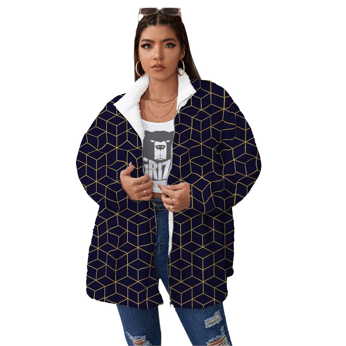 Cube Shape Black Geometric Print Pattern Women's Sherpa Jacket-grizzshop