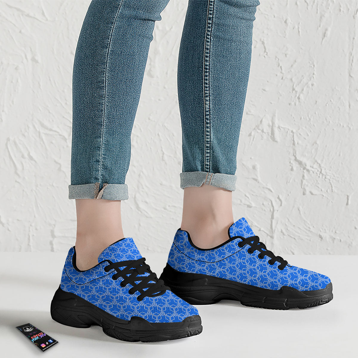 Cube Shape Blue Geometric Print Pattern Black Chunky Shoes-grizzshop