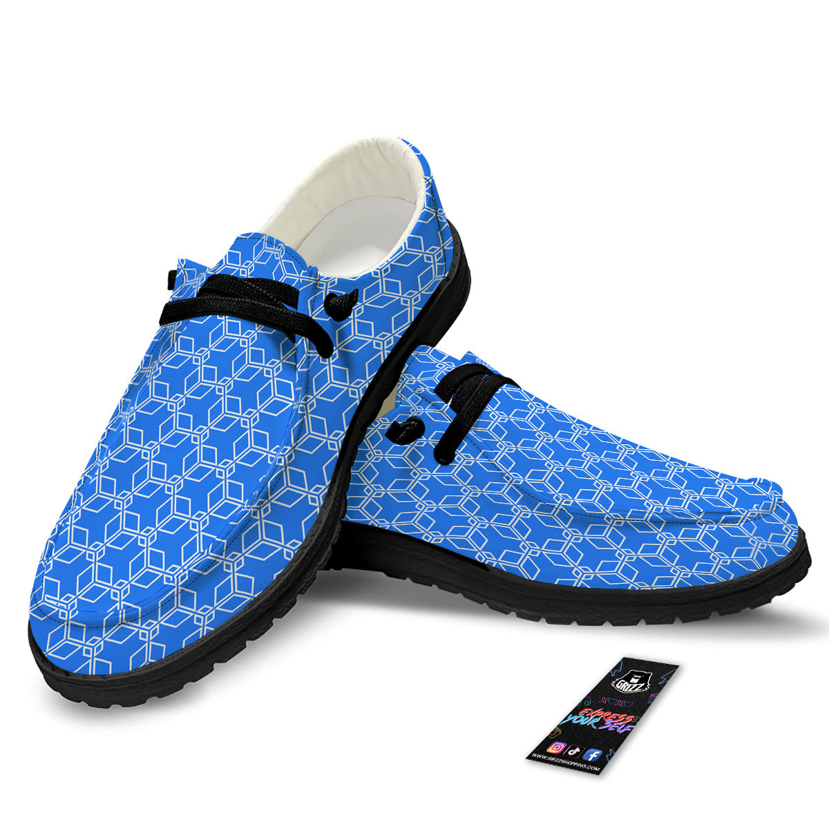 Cube Shape Blue Geometric Print Pattern Black Loafers-grizzshop