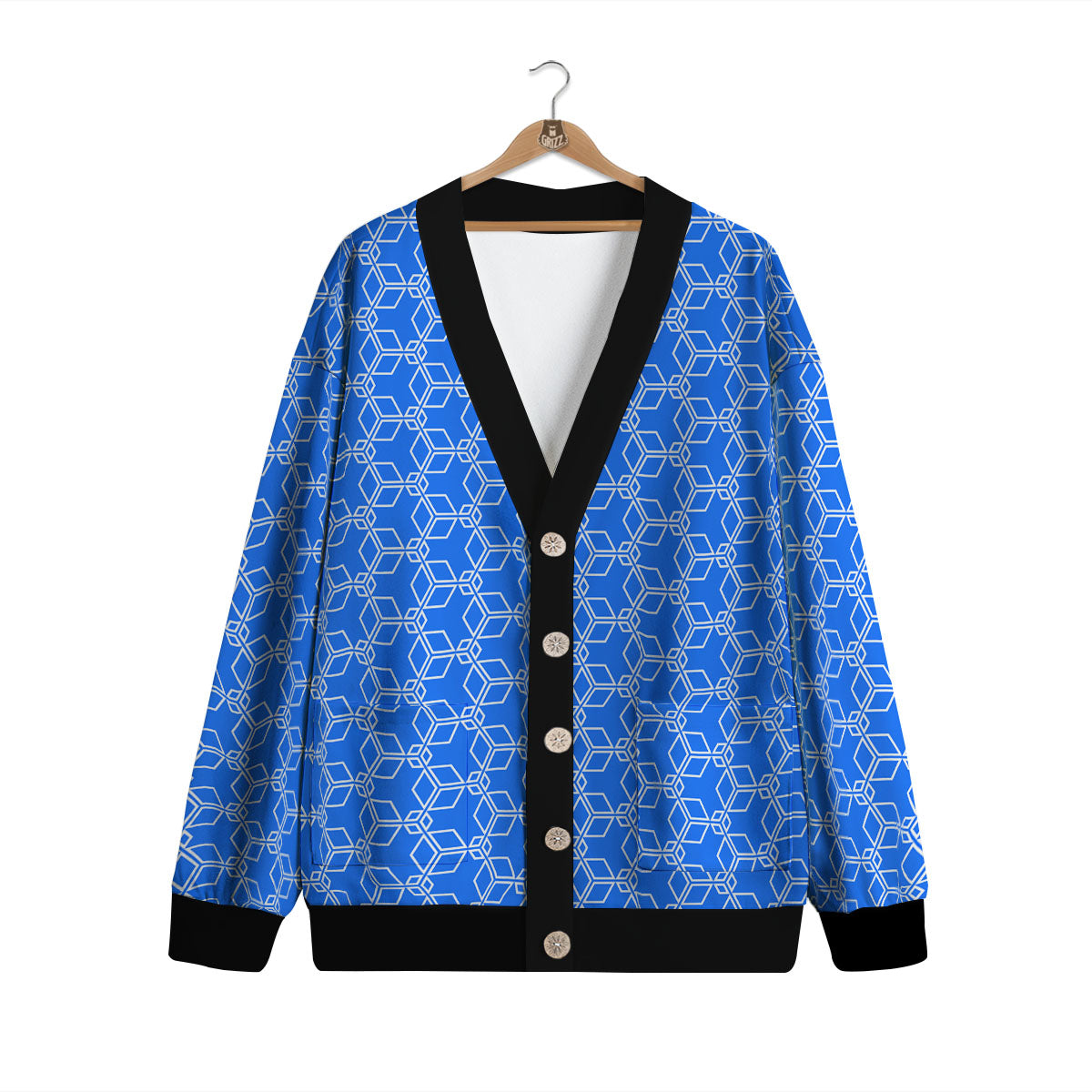 Cube Shape Blue Geometric Print Pattern Cardigan-grizzshop