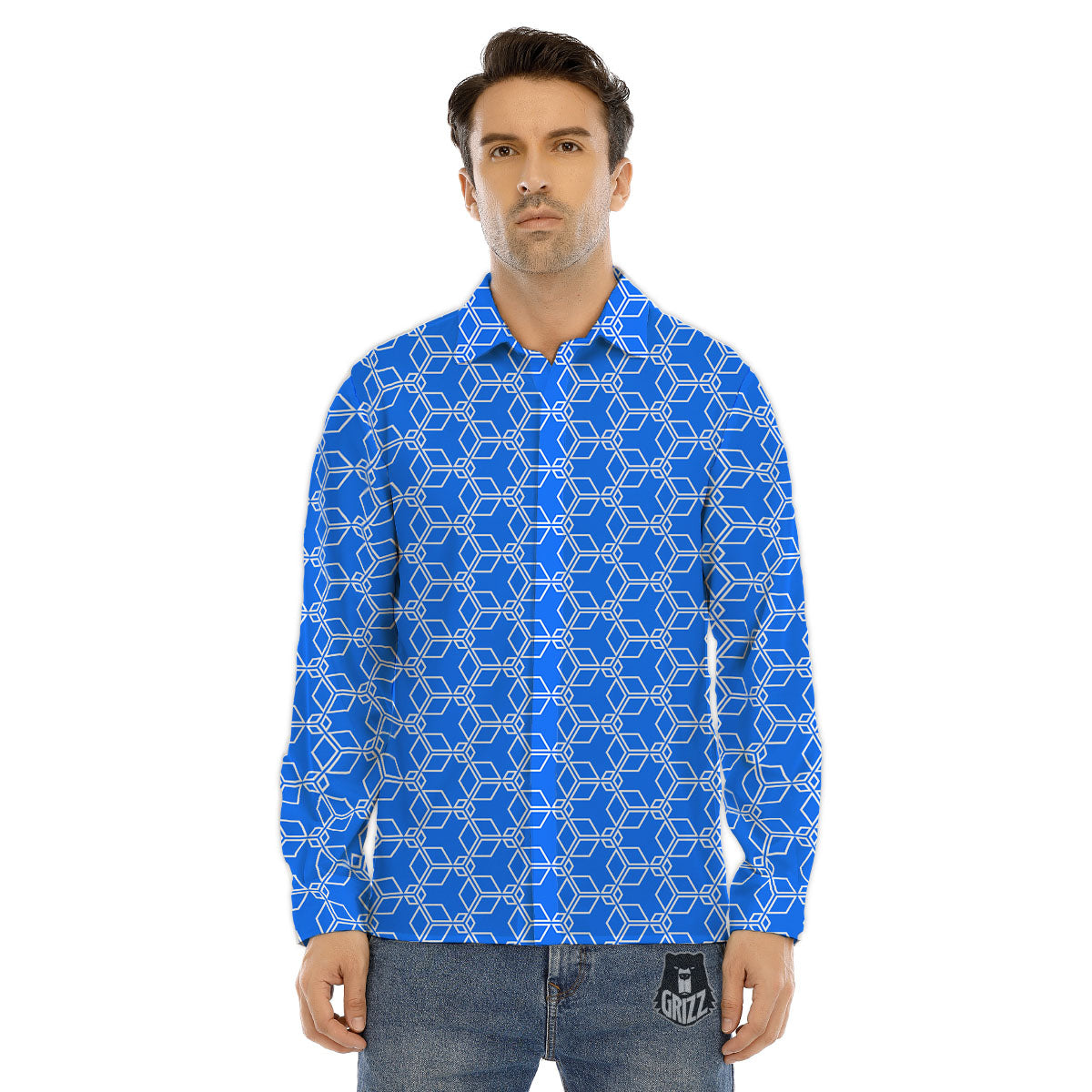 Cube Shape Blue Geometric Print Pattern Men's Dress Shirts-grizzshop