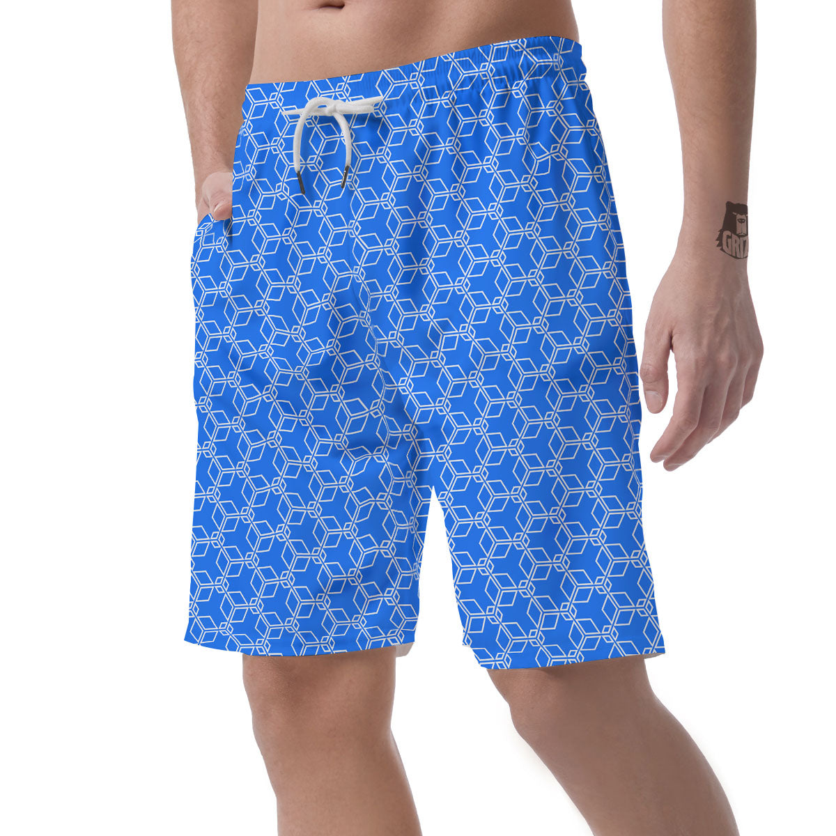 Cube Shape Blue Geometric Print Pattern Men's Shorts-grizzshop