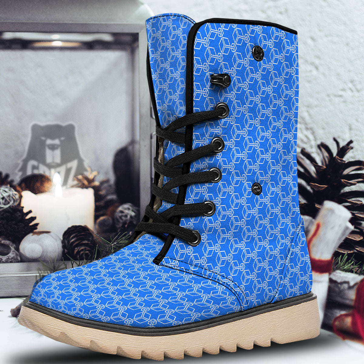 Cube Shape Blue Geometric Print Pattern Snow Boots-grizzshop