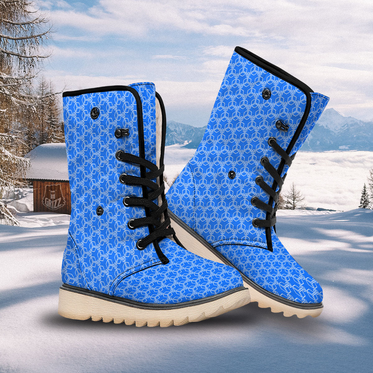 Cube Shape Blue Geometric Print Pattern Snow Boots-grizzshop