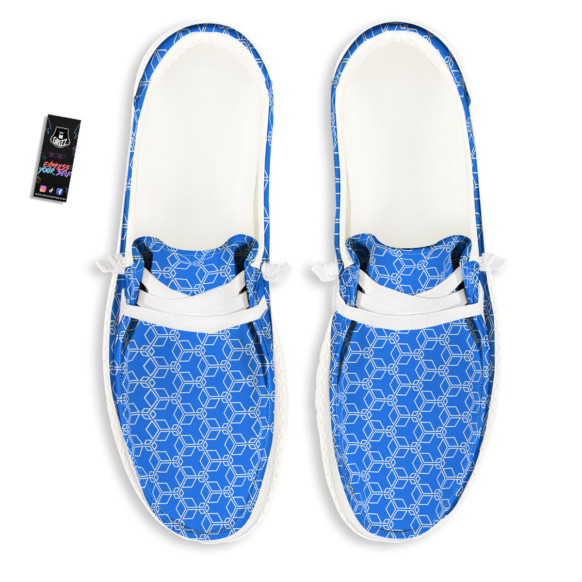 Cube Shape Blue Geometric Print Pattern White Loafers-grizzshop
