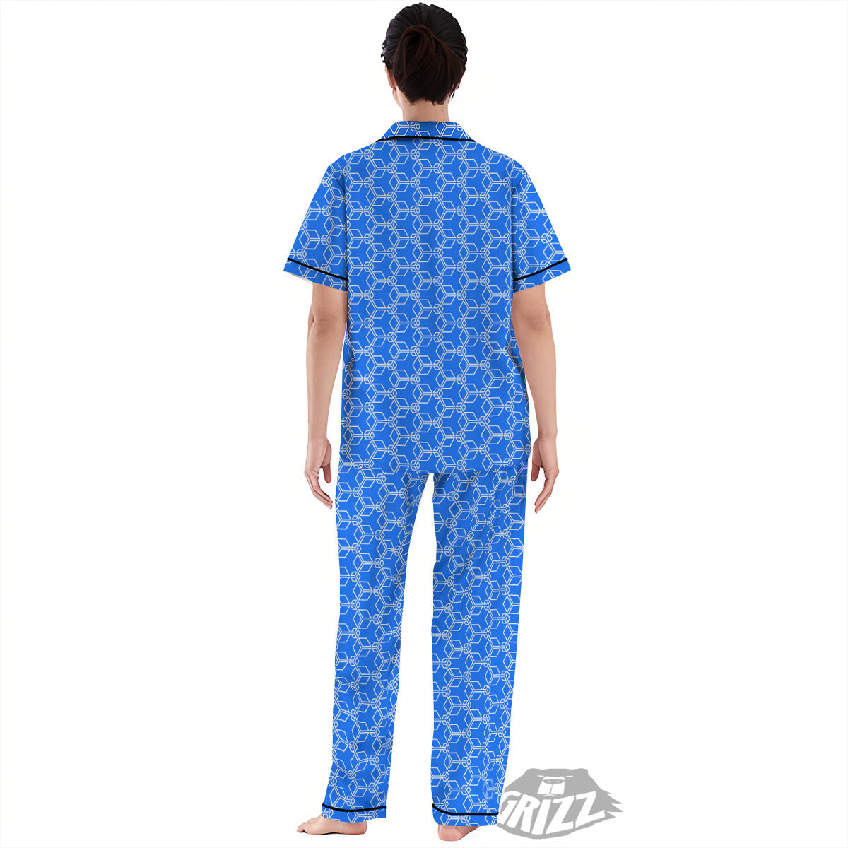 Cube Shape Blue Geometric Print Pattern Women's Pajamas Set-grizzshop