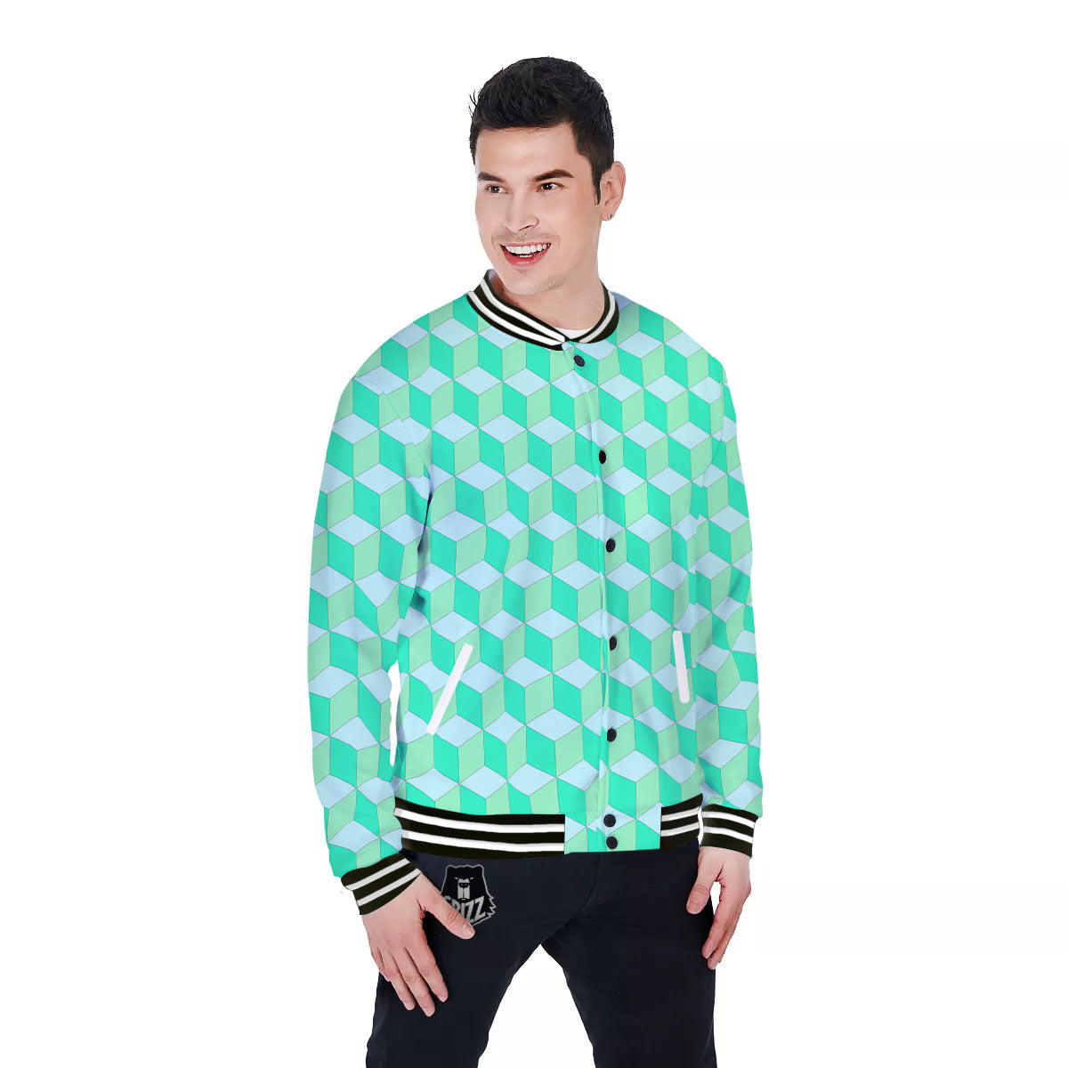 Cube Shape Green Geometric Print Pattern Baseball Jacket-grizzshop