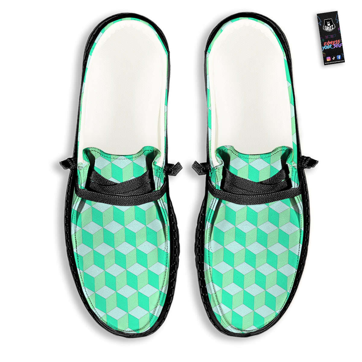 Cube Shape Green Geometric Print Pattern Black Loafers-grizzshop