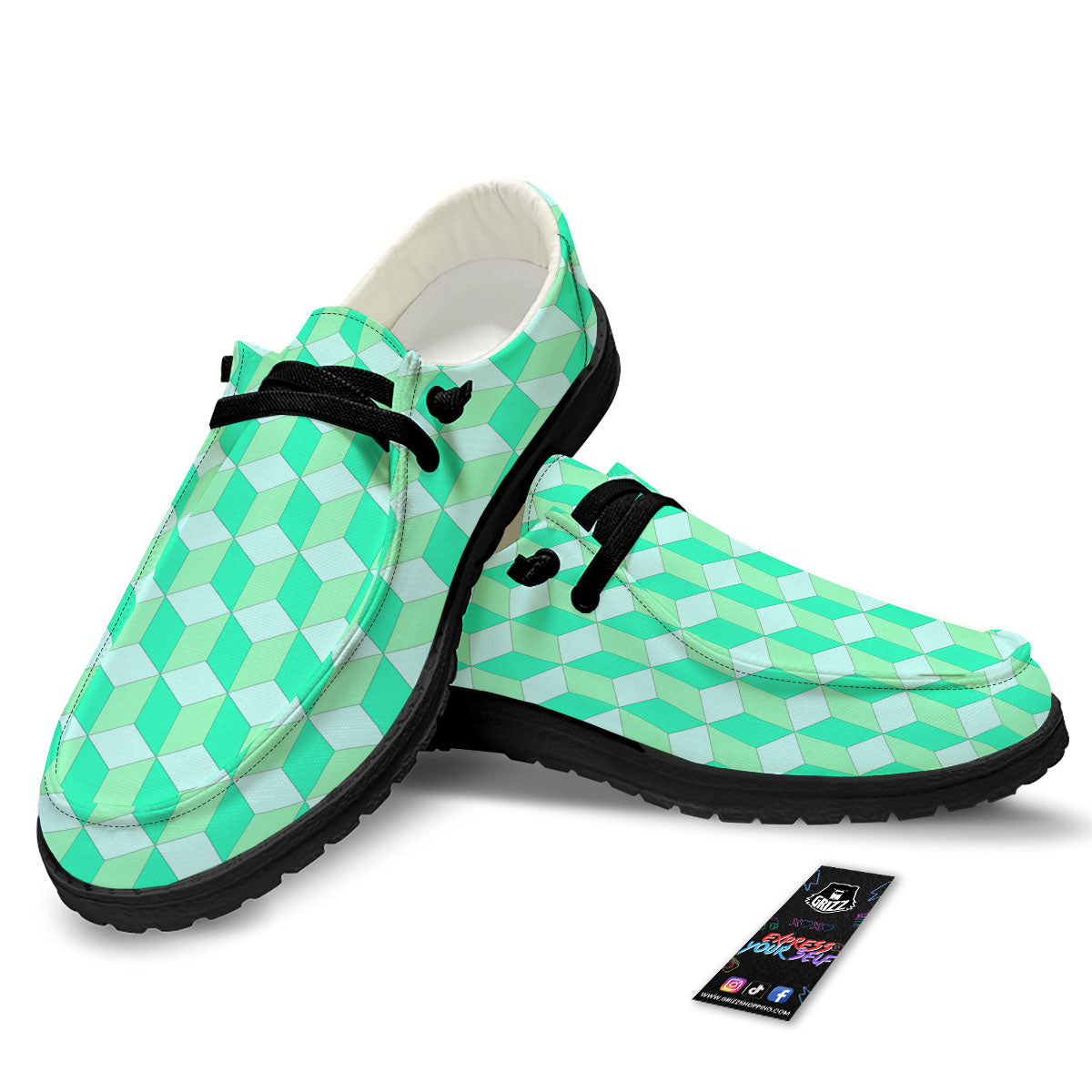 Cube Shape Green Geometric Print Pattern Black Loafers-grizzshop